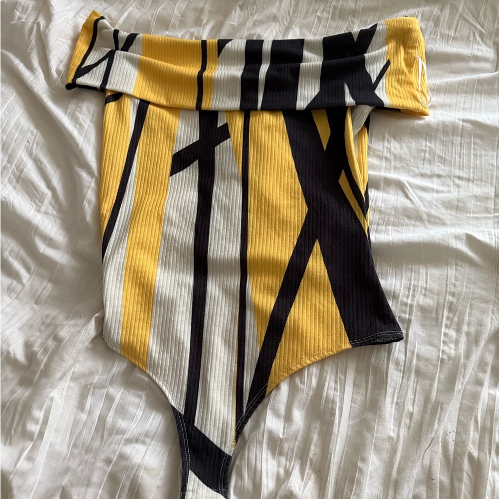 Off the shoulder Yellow and Black Striped Bodysuit